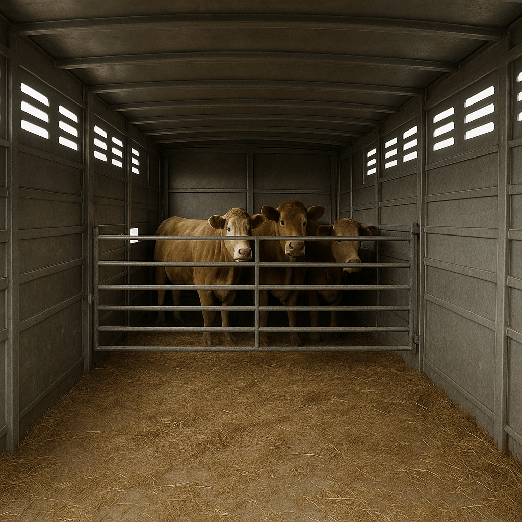 Intérieur d’un camion bétaillère avec plancher, cloisons et ouvertures de ventilation