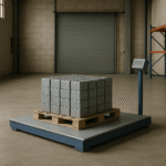 Plateforme de pesée industrielle et blocs métalliques standardisés dans un entrepôt sobre.