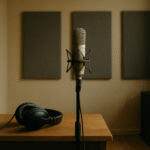 Casque audio neutre posé près d’un microphone dans un studio vide.