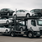 Plateforme de porte-véhicules avec rampe et sangles d’immobilisation autour des roues