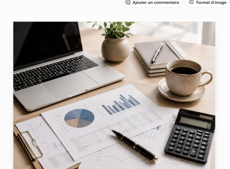 Bureau professionnel avec ordinateur portable, graphiques financiers et calculatrice - catégorie Business Freemag