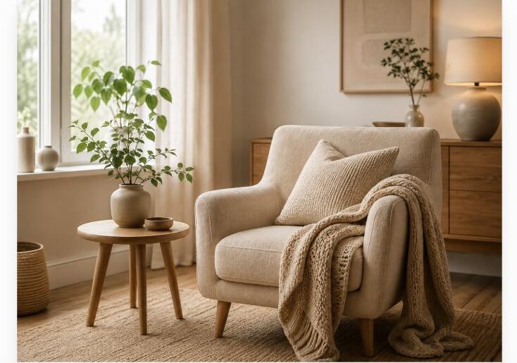 Salon cosy avec fauteuil en tissu beige, plaid en tricot et plante verte - catégorie Maison Freemag