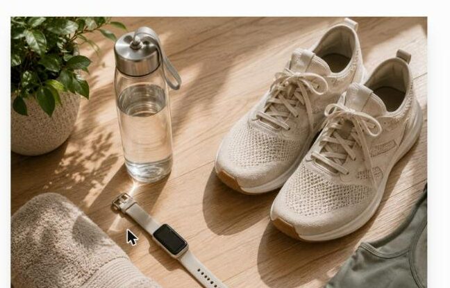 Chaussures de running, gourde et montre connectée posées au sol - catégorie Sport Freemag