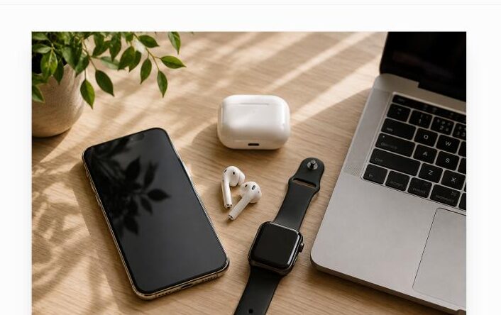 Smartphone, écouteurs sans fil, montre connectée et ordinateur portable sur bureau clair - catégorie Technologie Freemag