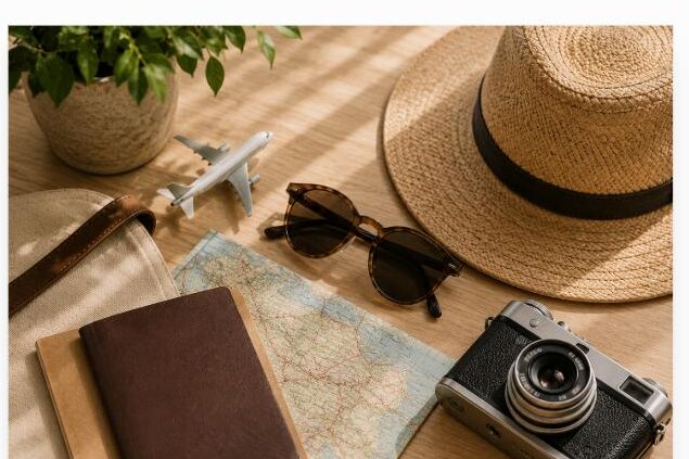Passeport, carte, lunettes de soleil, appareil photo argentique et chapeau de paille - catégorie Voyage Freemag
