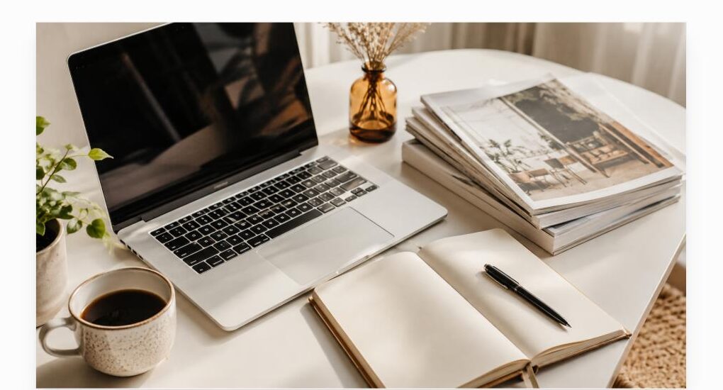 Bureau éditorial lumineux avec ordinateur portable, carnet de notes, café et pile de magazines - Freemag